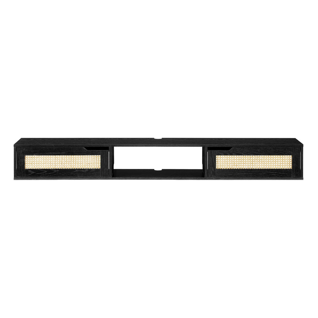 Walker Edison Modern Rattan Flip-Down-Door Wall-Mounted Floating Stand For Tvs Up To 80 Inches, 70 Inch, Black
