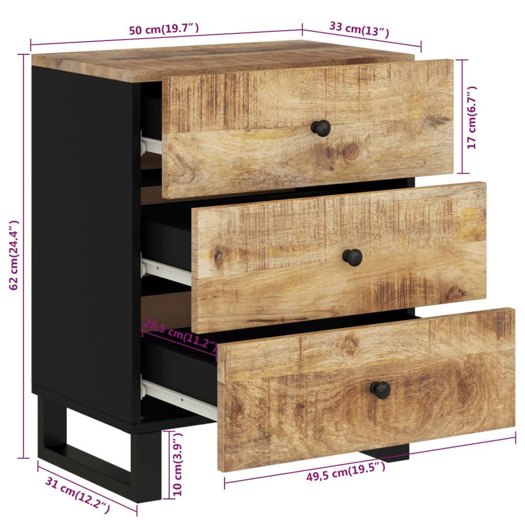 vidaXL Industrial Style Bedside Cabinet with 3 Drawers - Solid Mango Wood Construction, Metal Legs and Robust Top Surface