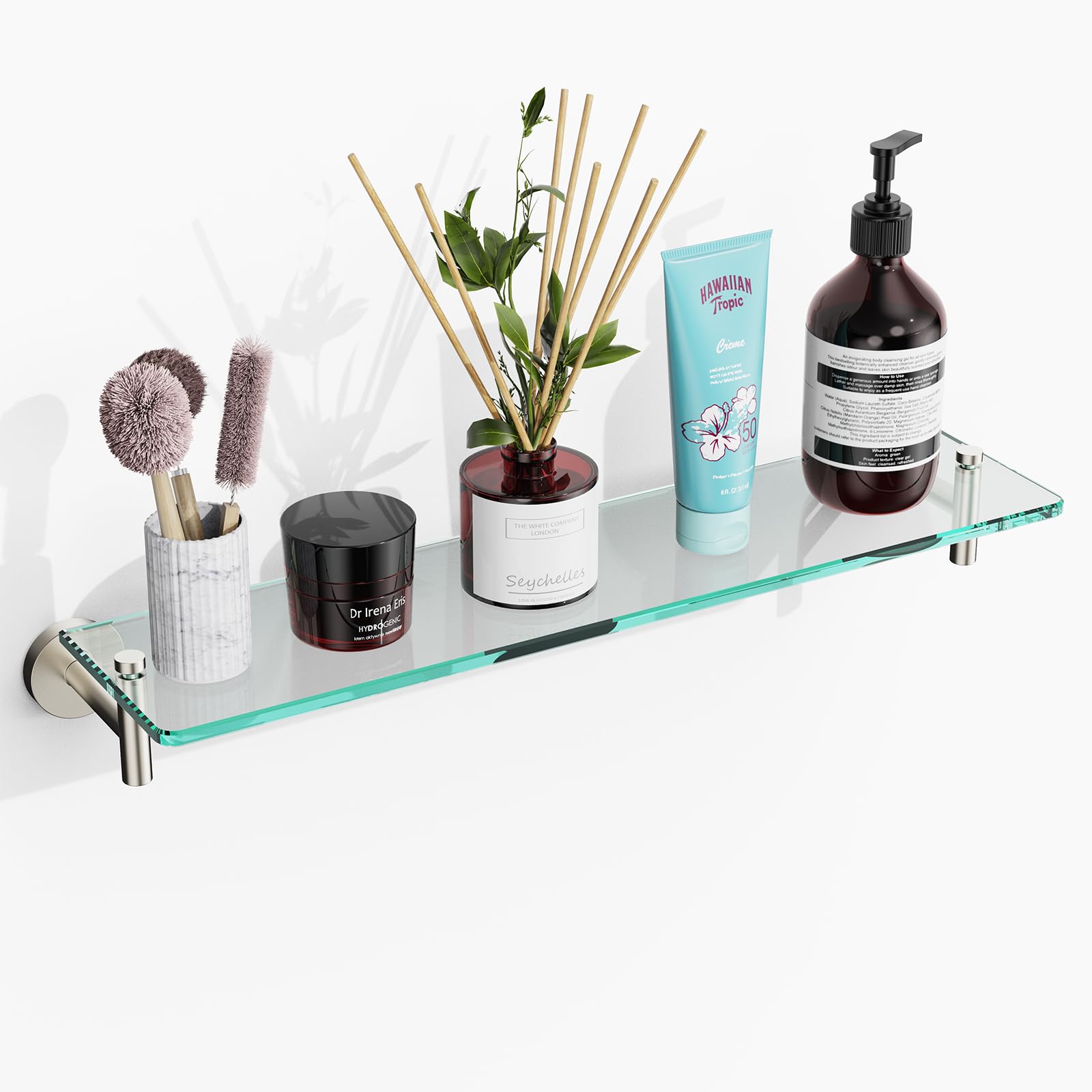 KOCOK Glass Shelves for Bathroom,20-Inch Brushed Nickel Floating Glass Shelf Stainless Steel Glass Bathroom Shelf Modern Wall Mo