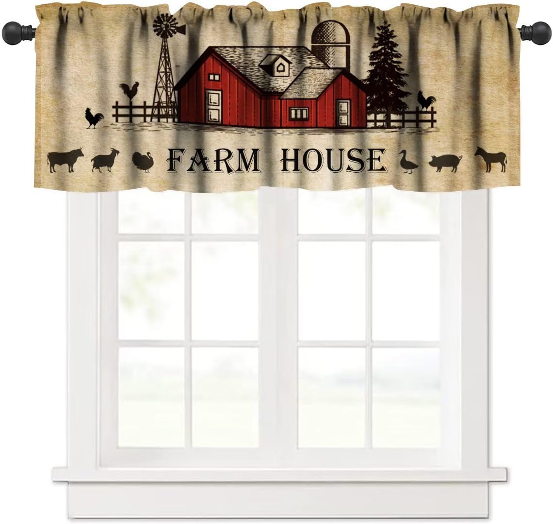 Janjcurt Rustic Kitchen Curtain Valance, Farmhouse Animal Cow Pig Chicken Window Valance, Western Country Style Window Treatment
