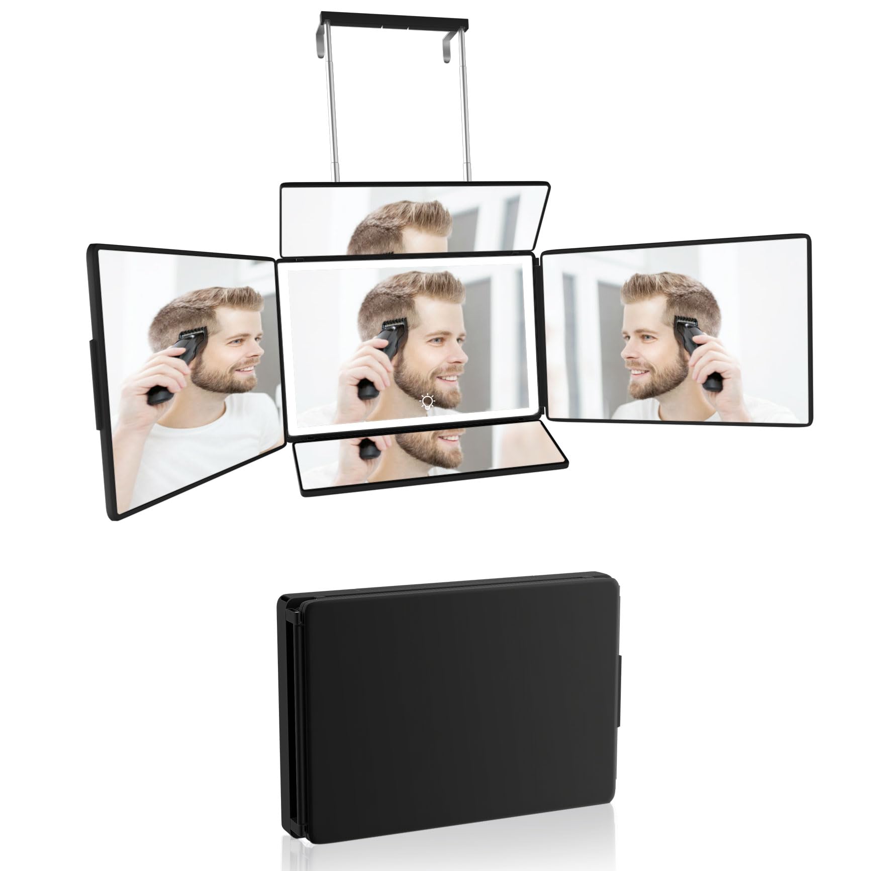 5 Way Mirror with Light for Self Hair Cutting, 360 Barber Mirror for Men Shaving, Makeup Mirror with Height Adjusta for Braiding
