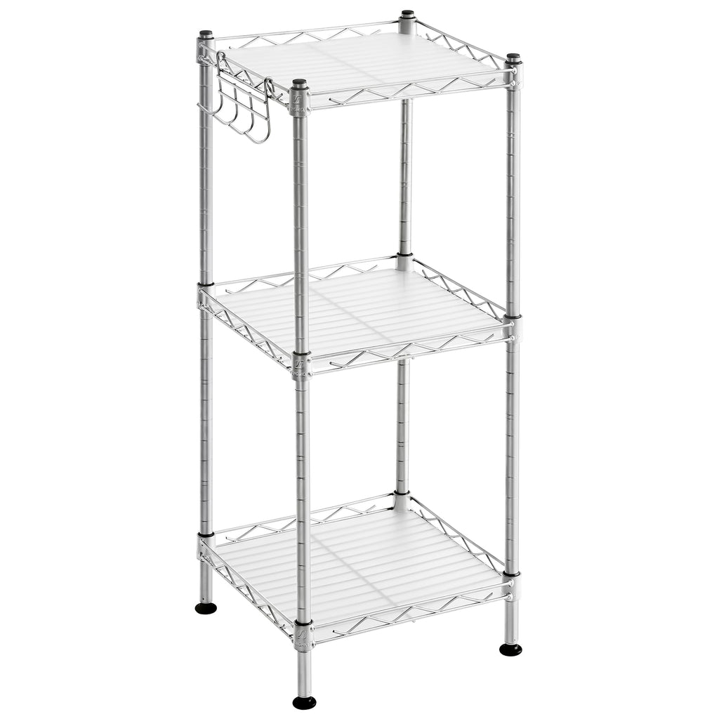 Songmics 3-Tier Bathroom Shelf, Storage Rack For Small Space, With 3 Pp Shelf Liners, Removable Hook, Extendable Design, Silver And Translucent Ulgr103E01