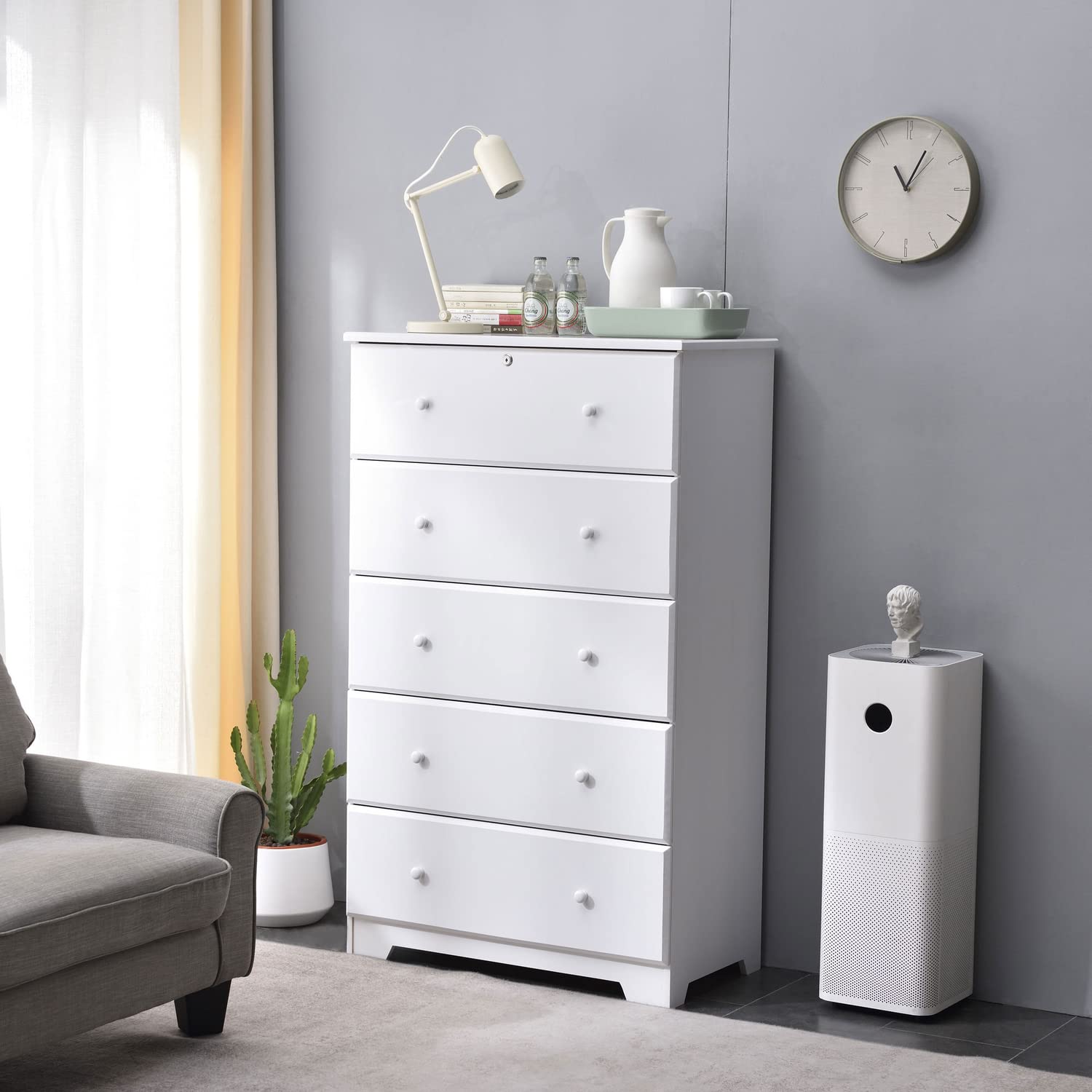 Better Home Products Isabela Solid Pine Wood 5 Drawer Chest Dresser in White