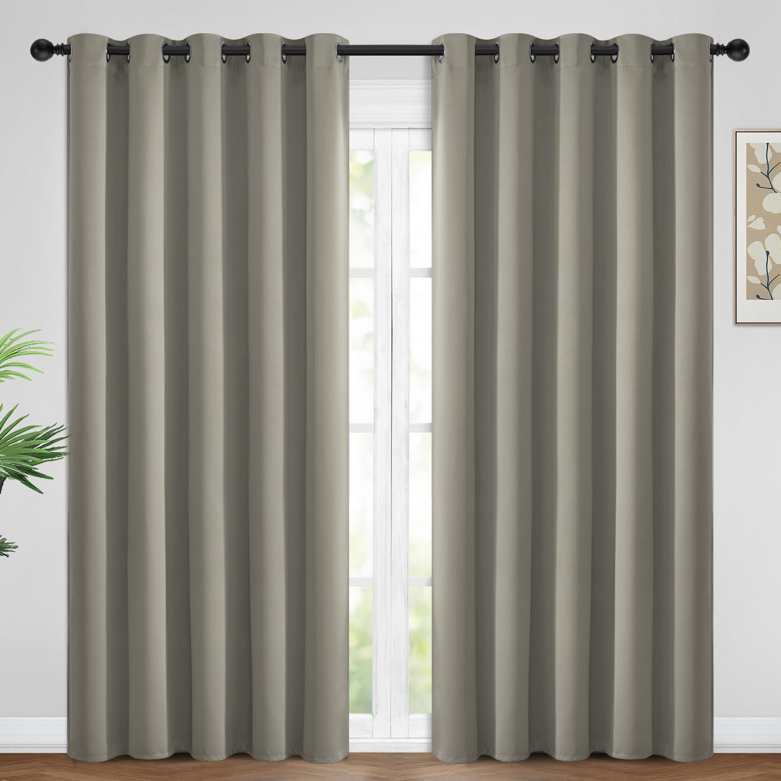 Yakamok Premium Room Darkening Thermal Insulated Curtains For Bedroom/Living Room - Classic Grommet Top (2 Panels, Taupe, 62 Inc