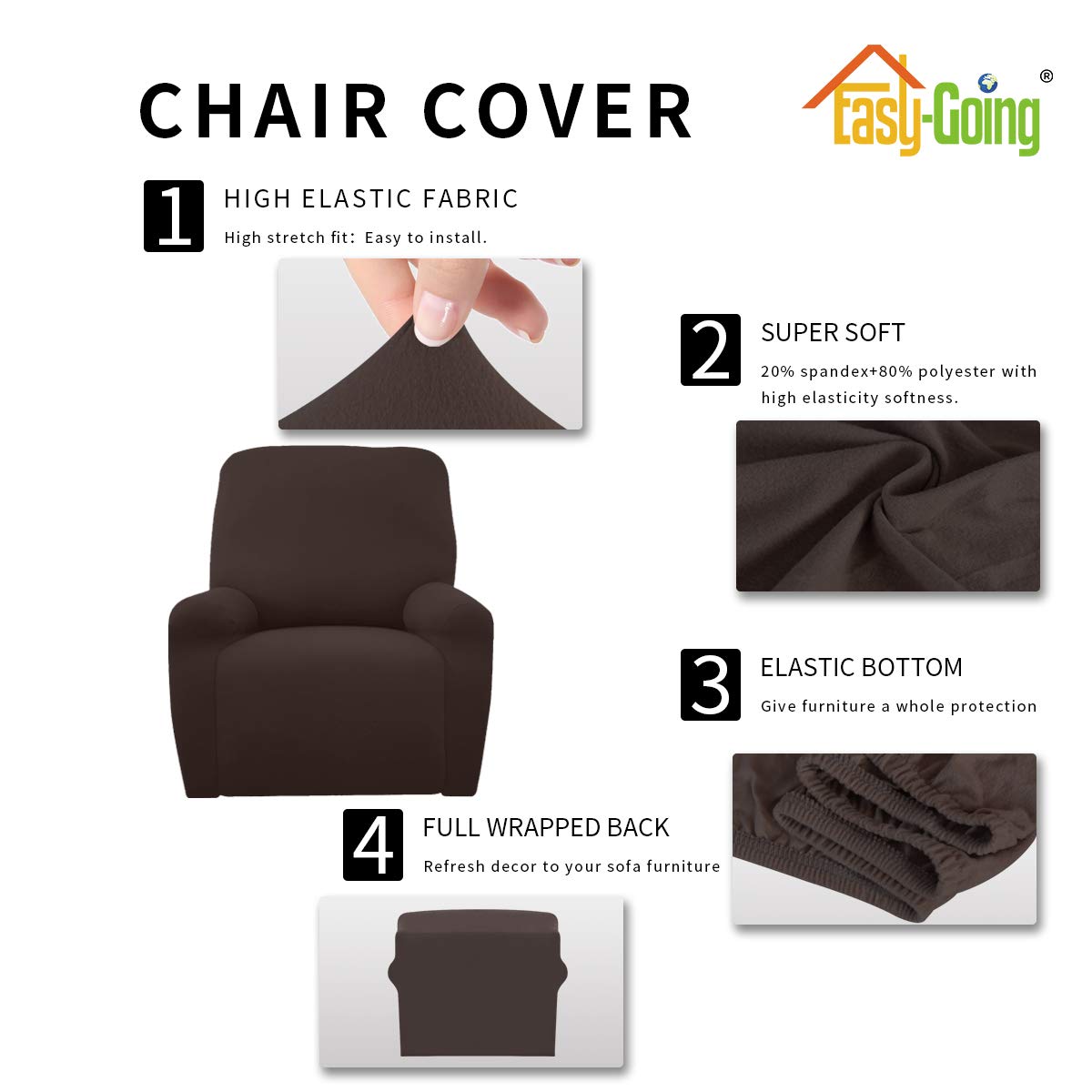 Easy-Going 4 Pieces Microfiber Stretch Recliner Slipcover - Spandex Soft Fitted Sofa Couch Cover, Washable Furniture Protector With Elastic Bottom For Kids, Pet(Recliner, Chocolate)