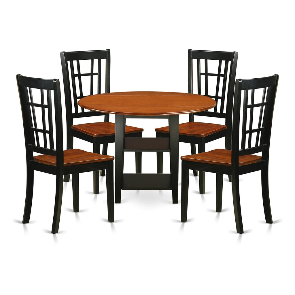 East West Furniture SUNI5-BCH-W 5 Piece Dining Room Furniture Set Includes a Round Dining Table with Dropleaf & Shelves and 4 Wood Seat Chairs, 42x42 Inch, Black & Cherry