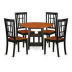East West Furniture SUNI5-BCH-W 5 Piece Dining Room Furniture Set Includes a Round Dining Table with Dropleaf & Shelves and 4 Wood Seat Chairs, 42x42 Inch, Black & Cherry