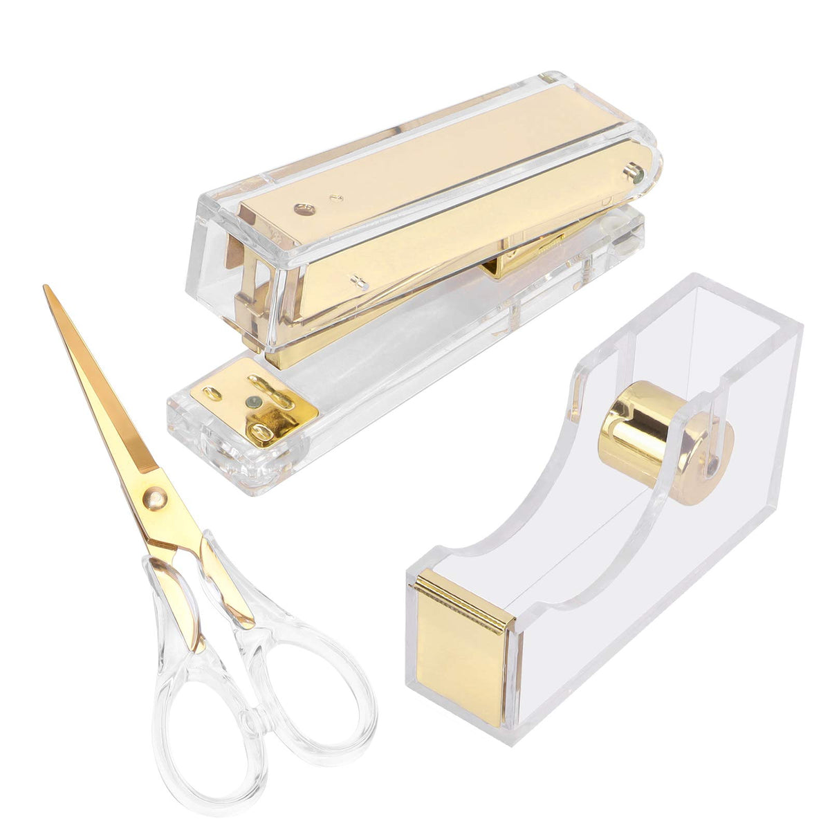 Stapler And Tape Dispenser Kit Acrylic Desk Organize Accessories Scissors Clear Tape Dispenser Gold Stapler Office Supplies