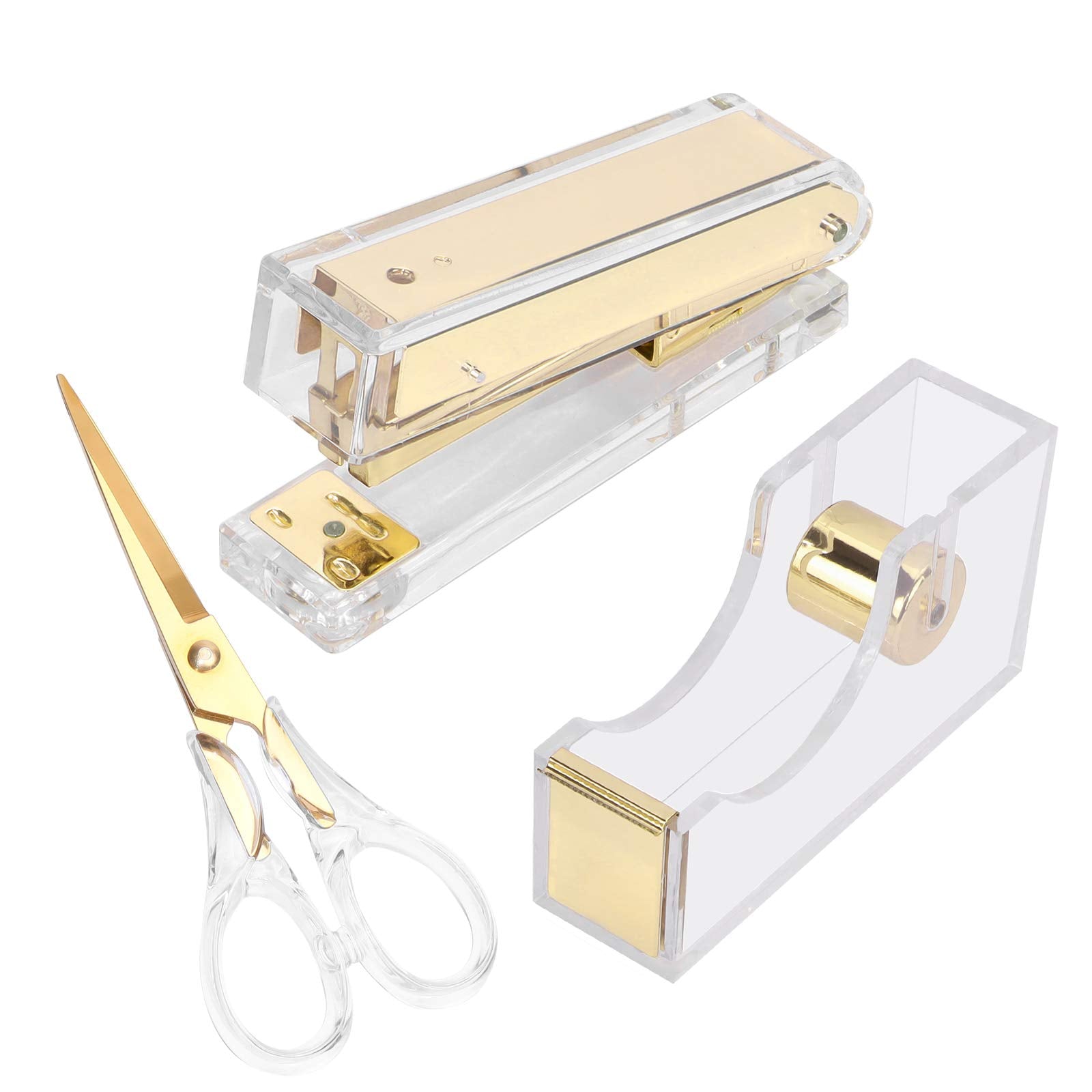 Stapler And Tape Dispenser Kit Acrylic Desk Organize Accessories Scissors Clear Tape Dispenser Gold Stapler Office Supplies