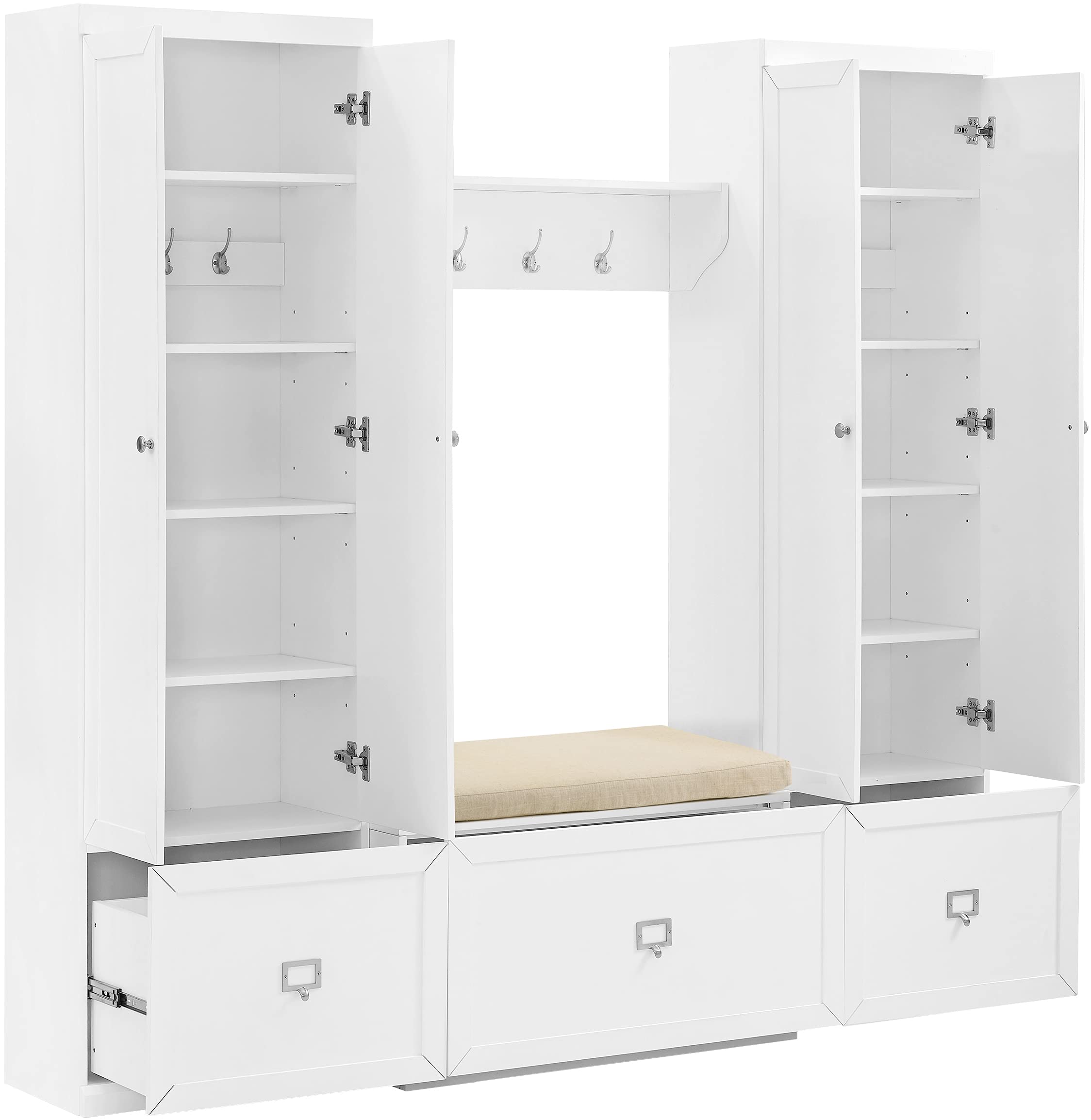 Crosley Furniture Harper 4-Piece Storage Cabinet, Shoe Rack Bench, And Wall Shelf Set With Coat Hooks, White