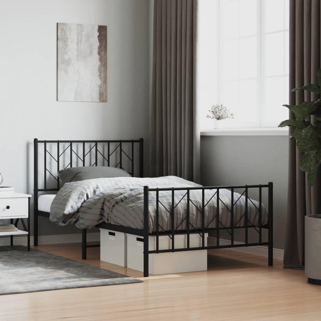 vidaXL Sturdy Metal Bed Frame with Headboard and Footboard - Single Bed Platform - Black Steel Frame for Bedroom Furniture - 39.4"x78.7" Mattress Compatible