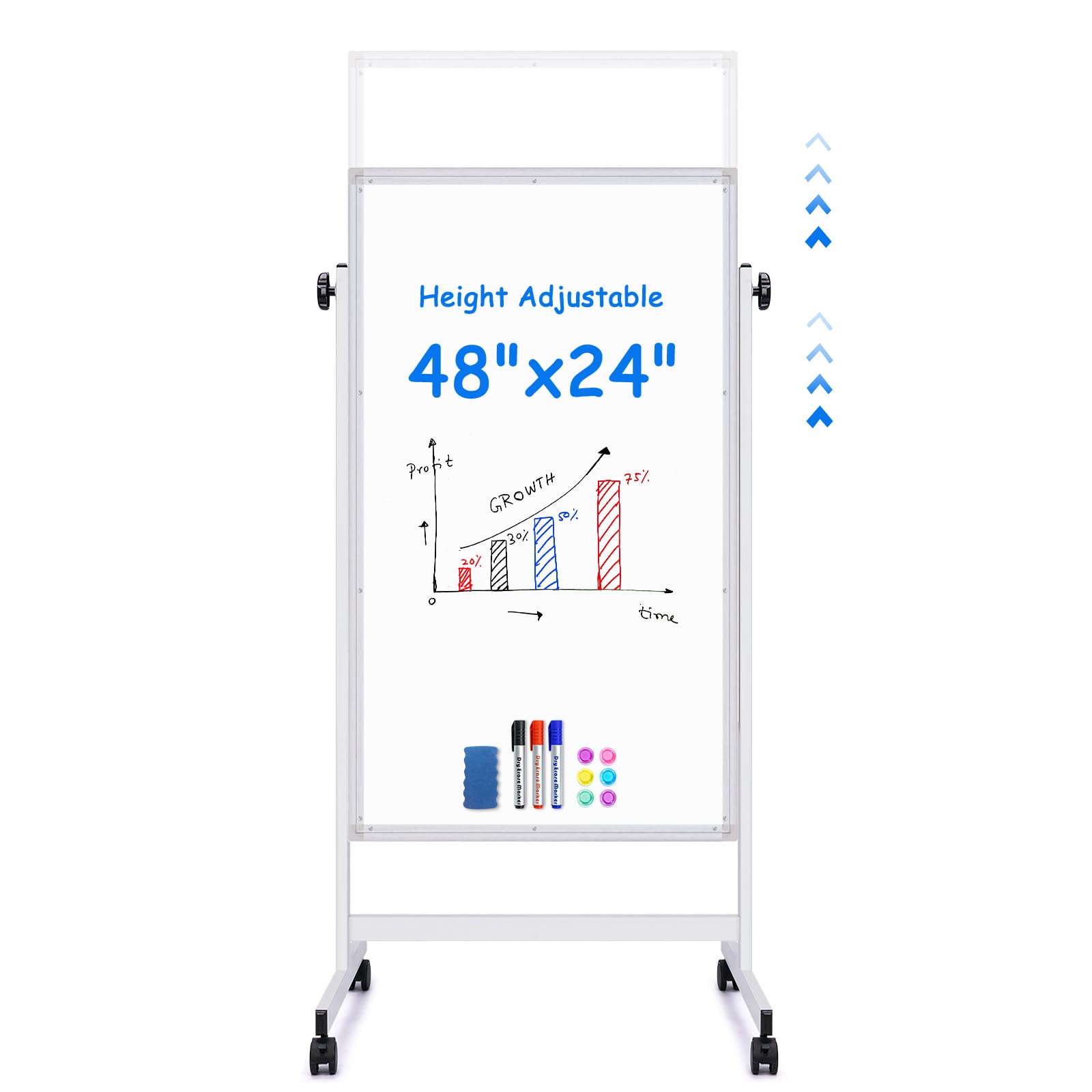 Maxtek Rolling White Board, 48 X 24 Height Adjustable Whiteboard On Wheels, Large Magnetic Standing Mobile Easel Board, Double-S