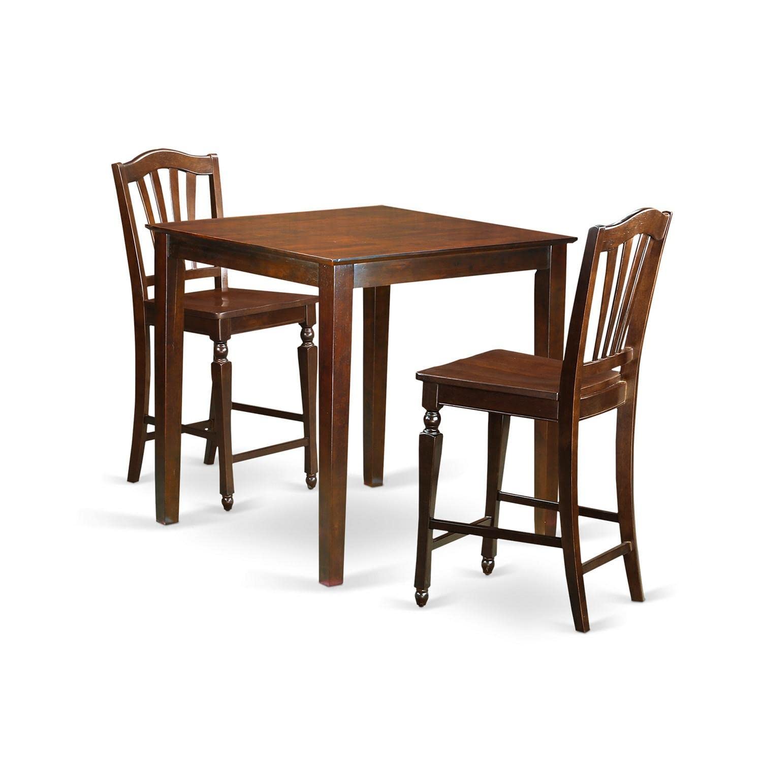 East West Furniture VNCH3-MAH-W 3 Piece Counter Height Pub Set for Small Spaces Contains a Square Dining Room Table and 2 Kitchen Chairs, 36x36 Inch, Mahogany
