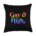 Gay And High Funny Weed Marijuana Retro Lgbtq Pride Flag Throw Pillow