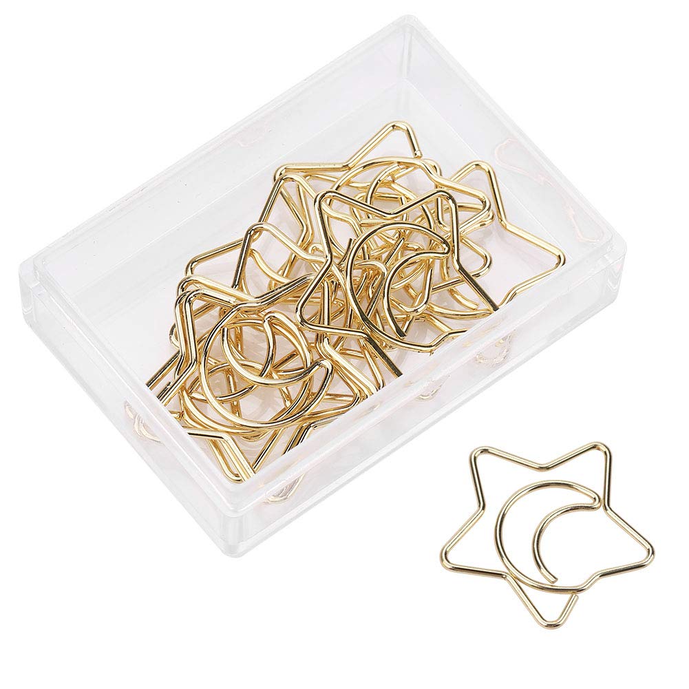 Golden Paper Clips,10Pcs Plastic Coated Electroplating Star Moon Paper Clips Funny Bookmark Marking Clips With Storage Cas For S