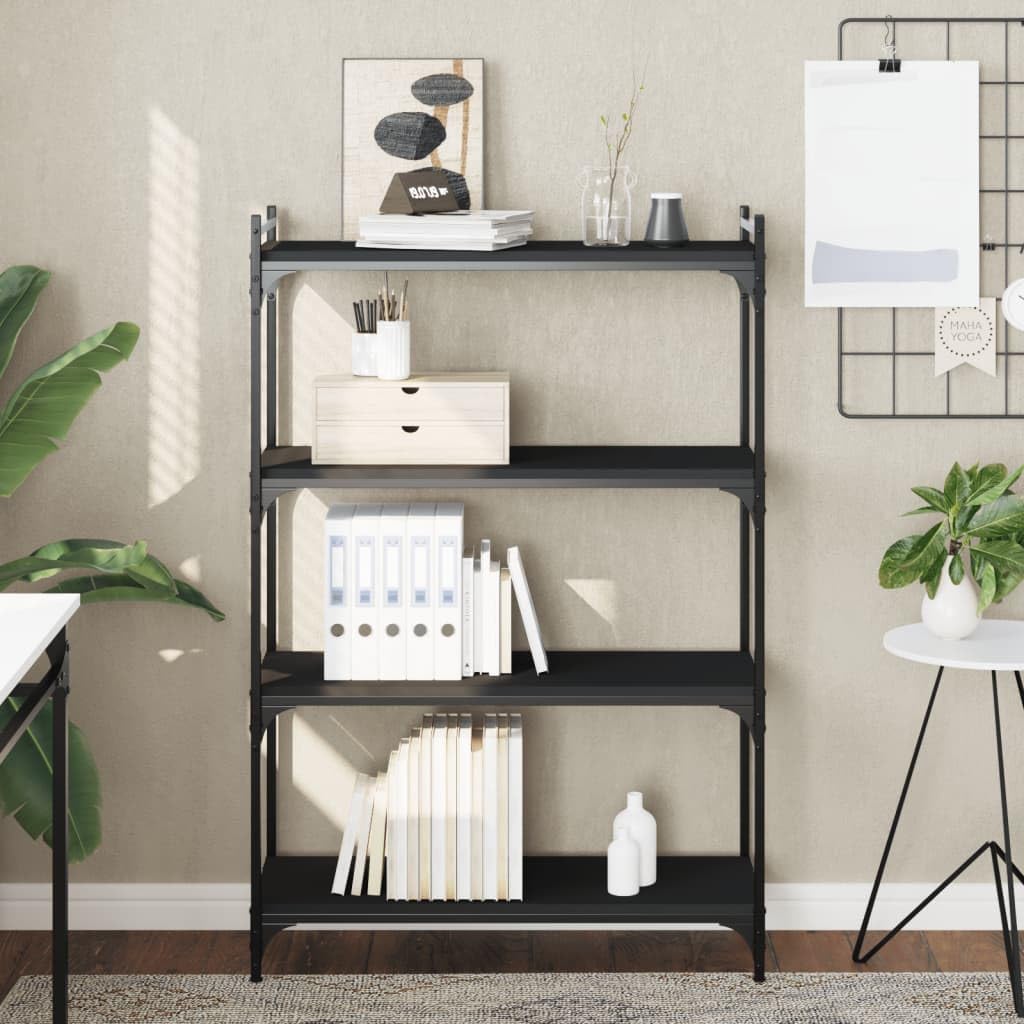 vidaXL 4-Tier Engineered Wood Bookcase with Metal Frame – Black, Adjustable Foot Pads, Industrial-Style Freestanding Book Stand for Living Room, Bedroom or Office, 31.5"x11.8"x47.2"