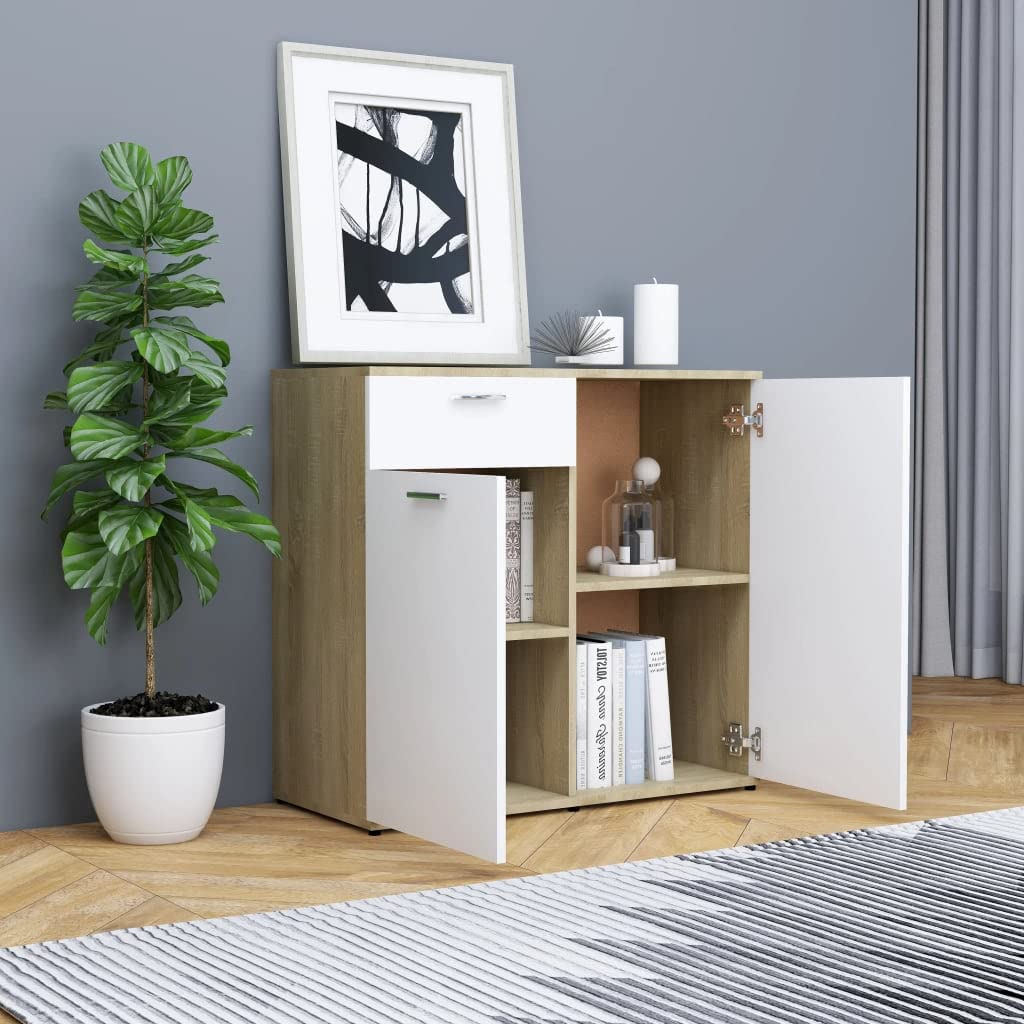 vidaXL Sideboard, Sideboard Cabinet Commode, Storage Sideboard with 2 Doors, Storage Side Cabinet, Scandinavian, White and Sonoma Oak Engineered Wood