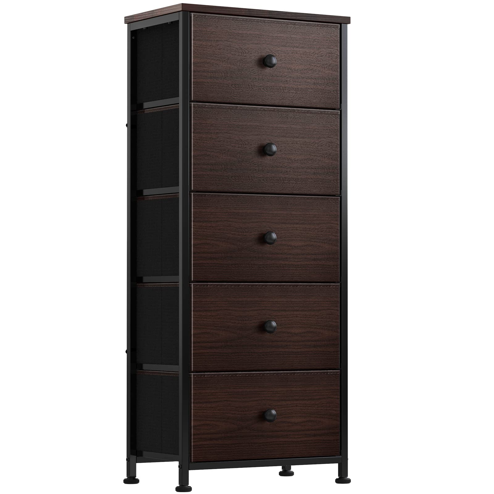 Reahome Dresser For Bedroom With 5 Drawers, Faux Leather Chest Of Drawers, Sturdy Steel Frame, Wood Top, Large Capacity Organizer Tower For Living Room, Entryway, Office, Rustic Brown