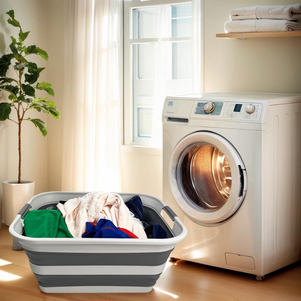 SMMART Collapsible Plastic Laundry Basket with Handle/Foldable Pop Up Storage Hamper/Portable Laundry OrganizerSpace Saving Was
