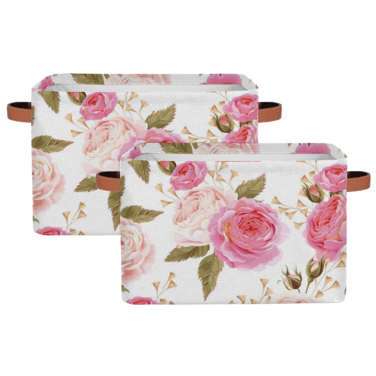 Pardick 2Pack Floral Flower Rose Large Collapsible Storage Bins,Pink Roses Decorative Canvas Fabric Storage Boxes Organizer with
