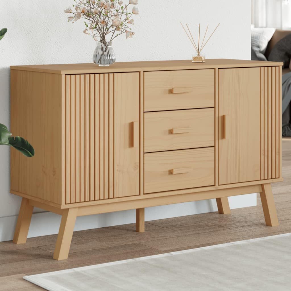 vidaXL Olden Sideboard - Solid Pine Wood Storage Cabinet with 3 Drawers/2 Doors, Display Top, Scandinavian Style, Brown - 44.9&quot;x16.9&quot;x28.9&quot;