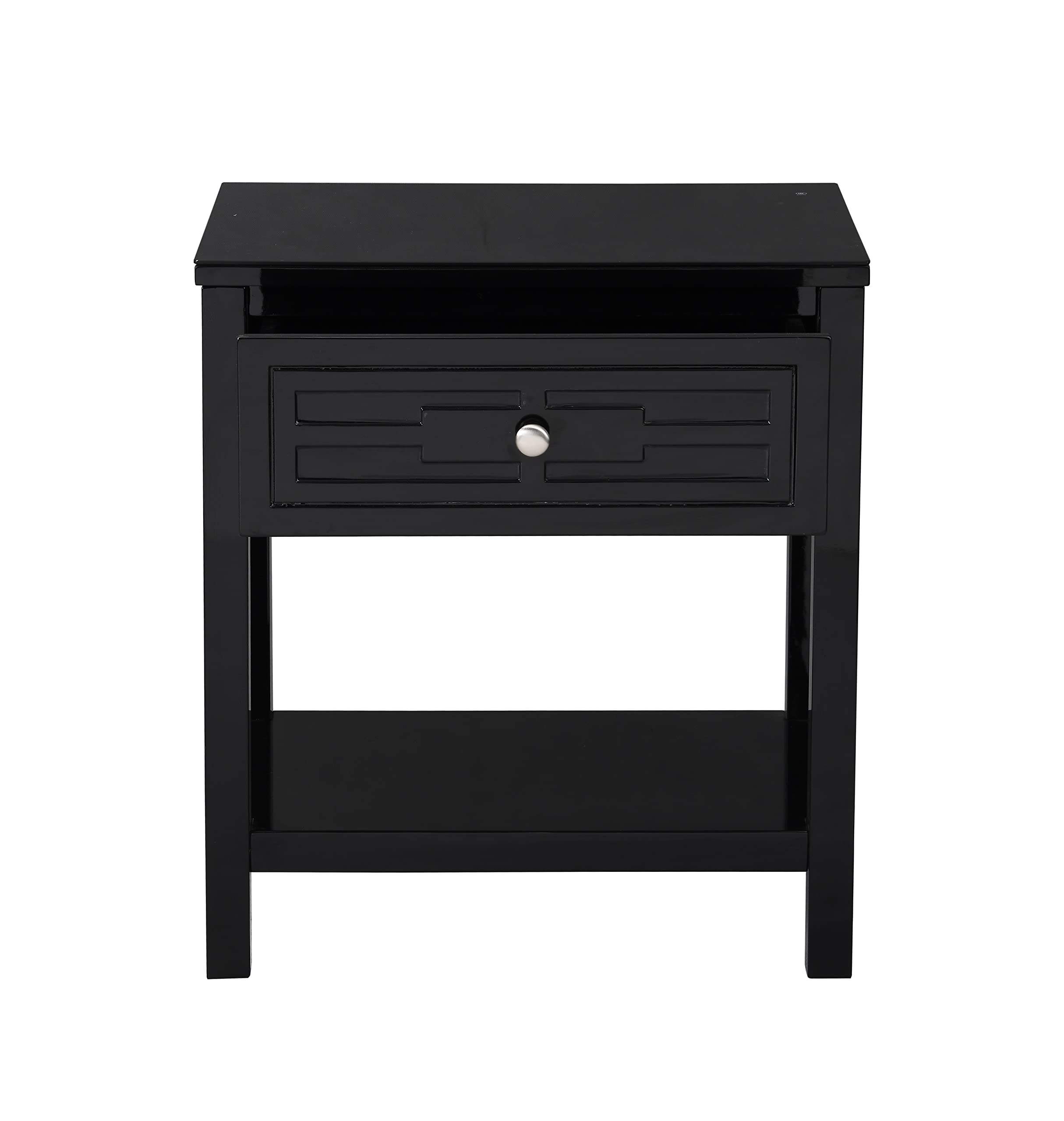 Lilola Home Dylan Black Wooden End Side Table Nightstand with Glass Top and Drawer