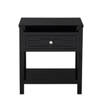 Lilola Home Dylan Black Wooden End Side Table Nightstand with Glass Top and Drawer