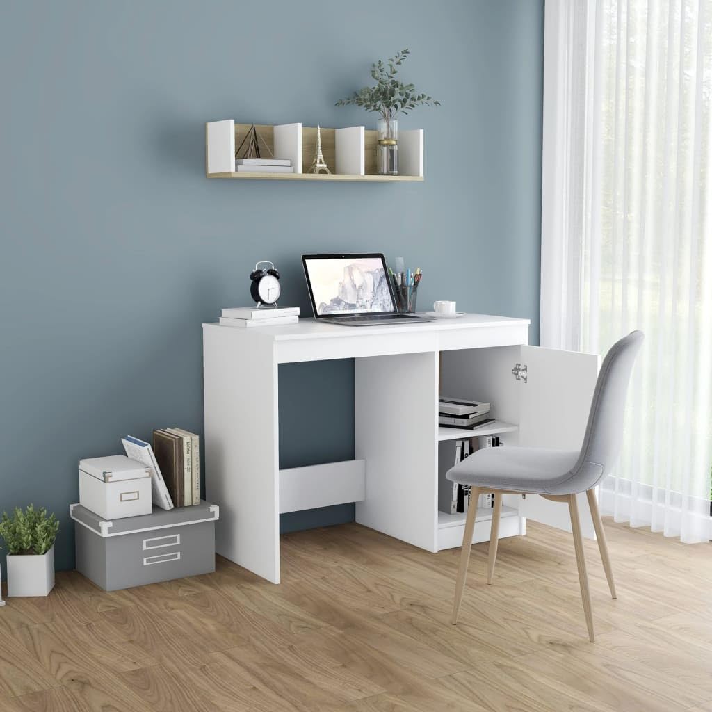 vidaXL Engineered Wood Desk in Scandinavian Style, White - Compact Size, with Integrated Storage Cabinet, Suitable for Office or Study Room.