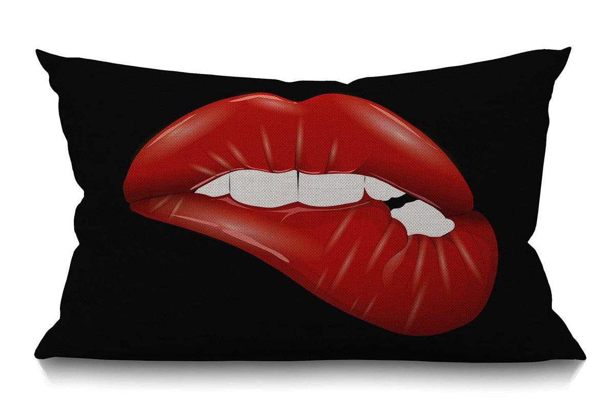 Smooffly Lip Pillow Case Decorative Throw Pillow Cover Red Lip With White Teeth Waist Lumbar Black Cotton Linen Throw Pillow Cas