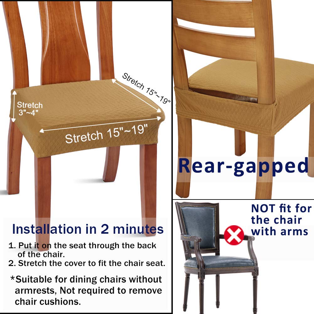Buyue Fast Installation Dining Room Chair Covers Set Of 4, Luxury Stretch Jacquard Seat Slipcovers For Kitchen Armless Chairs, Rear Gapped- Ocher- 4