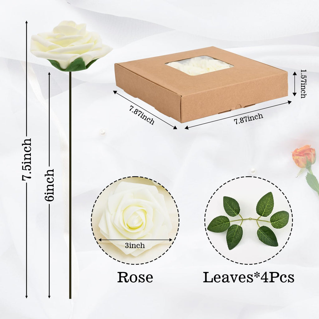 Bleum Cade 16Pcs Artificial Flowers Fake Roses With Stems, Ivory White Boxed Foam Roses For Diy Bouquets Centerpieces Wedding Pa
