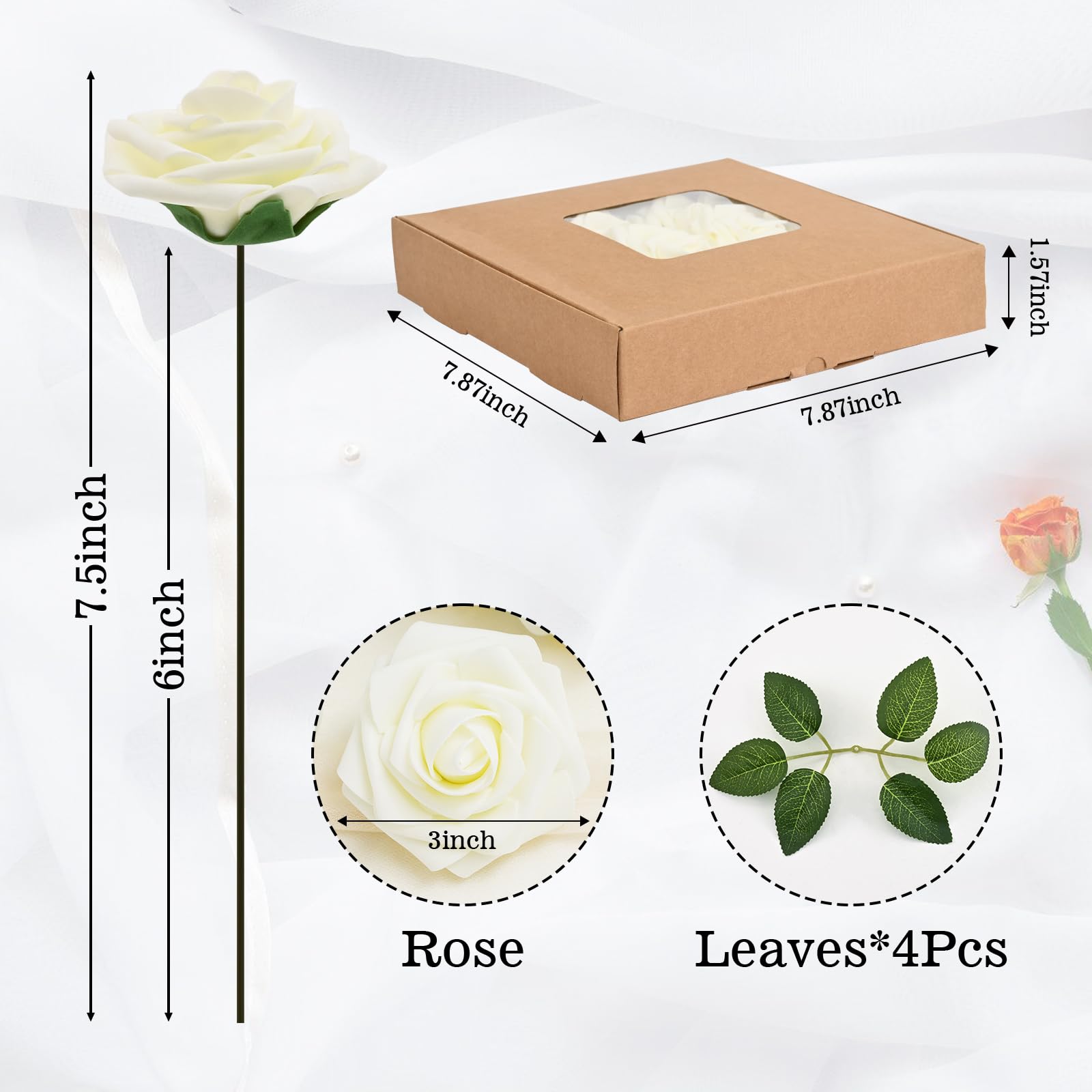 Bleum Cade 16Pcs Artificial Flowers Fake Roses With Stems, Ivory White Boxed Foam Roses For Diy Bouquets Centerpieces Wedding Pa