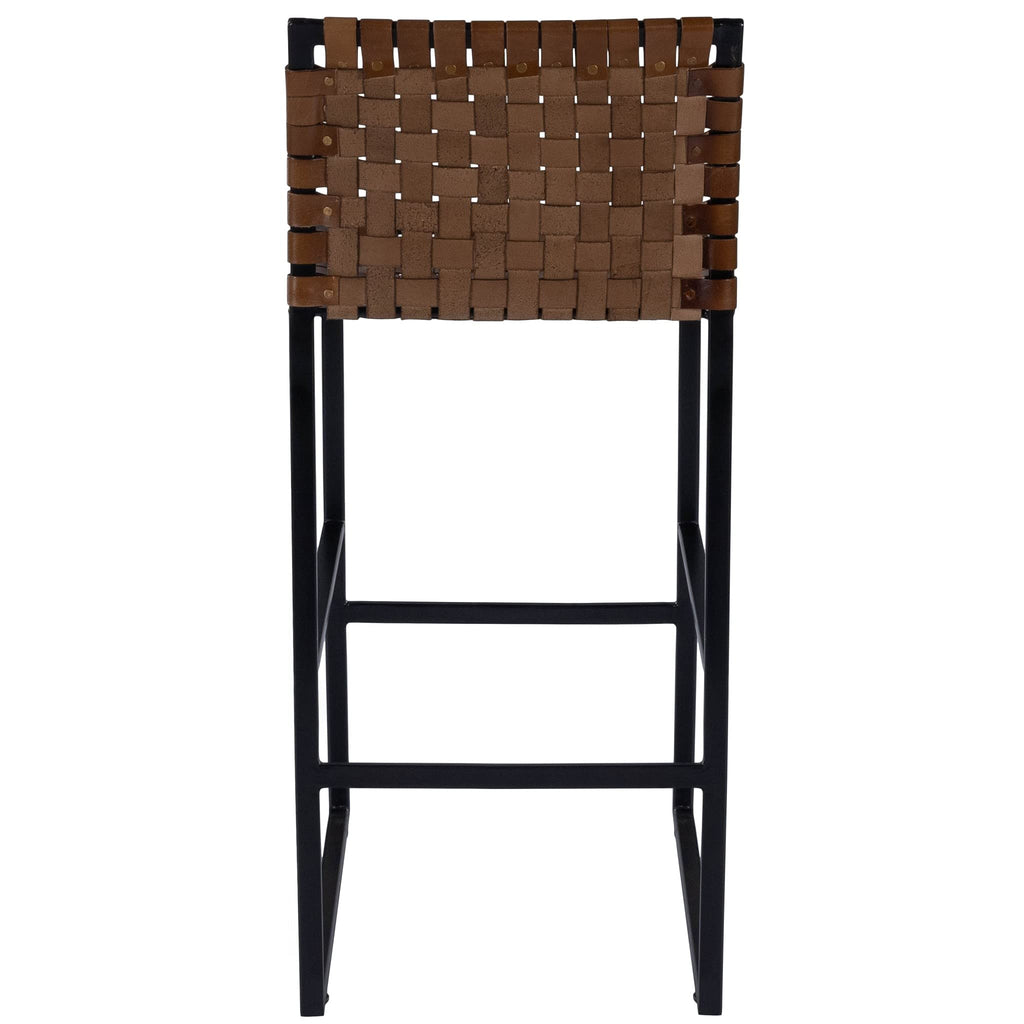 HomeRoots Medium Brown Iron; Real Leather, Steel Metal Nail Heads Brown Woven Leather Bar Stool