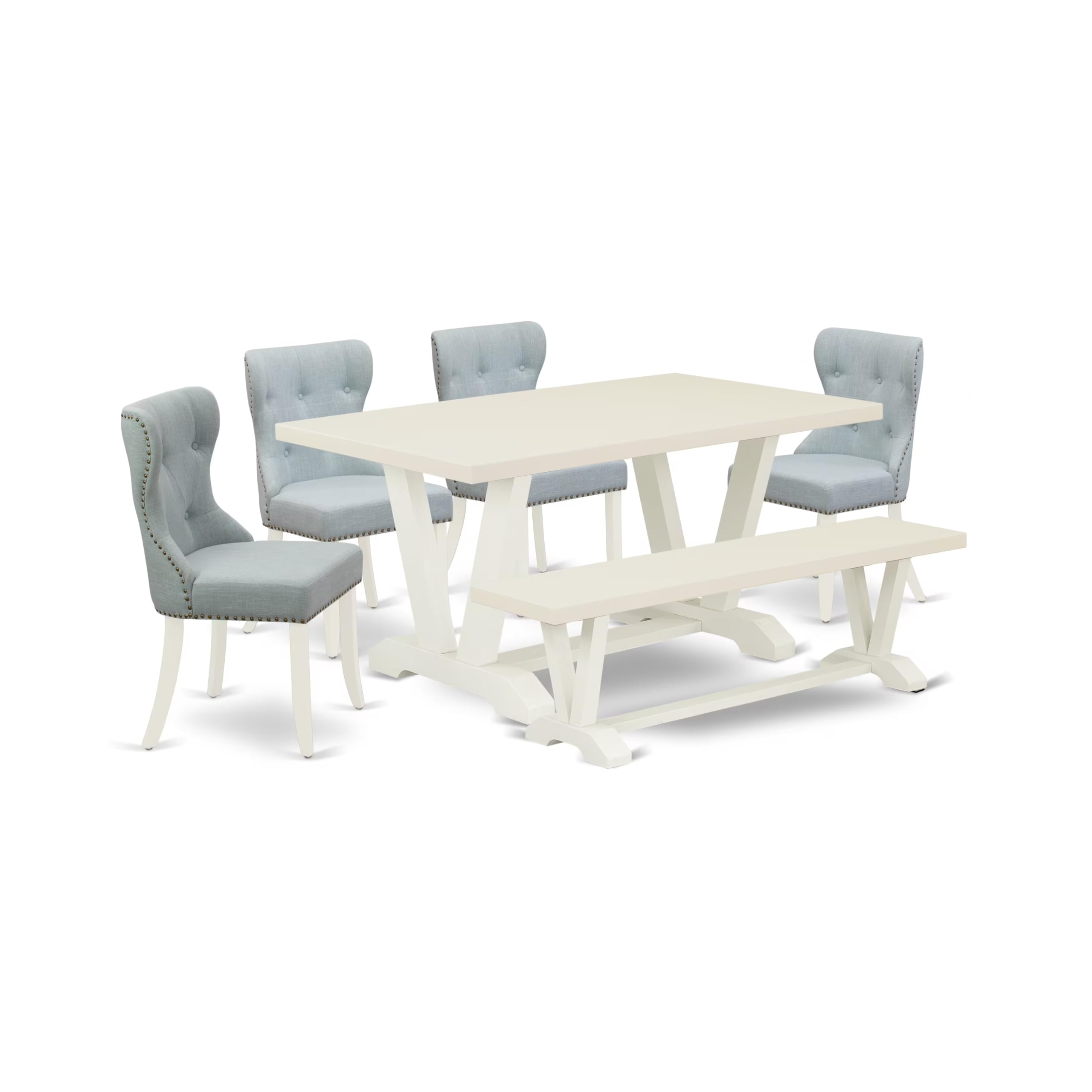 East West Furniture V026Si215-6 6 Piece Kitchen Table Set Contains A Rectangle Dining Table With V-Legs And 4 Baby Blue Linen Fabric Parson Chairs With A Bench, 36X60 Inch, Multi-Color