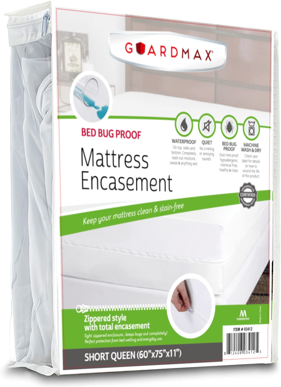 Guardmax Zippered Mattress Encasement - Short Queen Size - 100% Waterproof Mattress Protector - Bed Bug Mattress Cover Protects