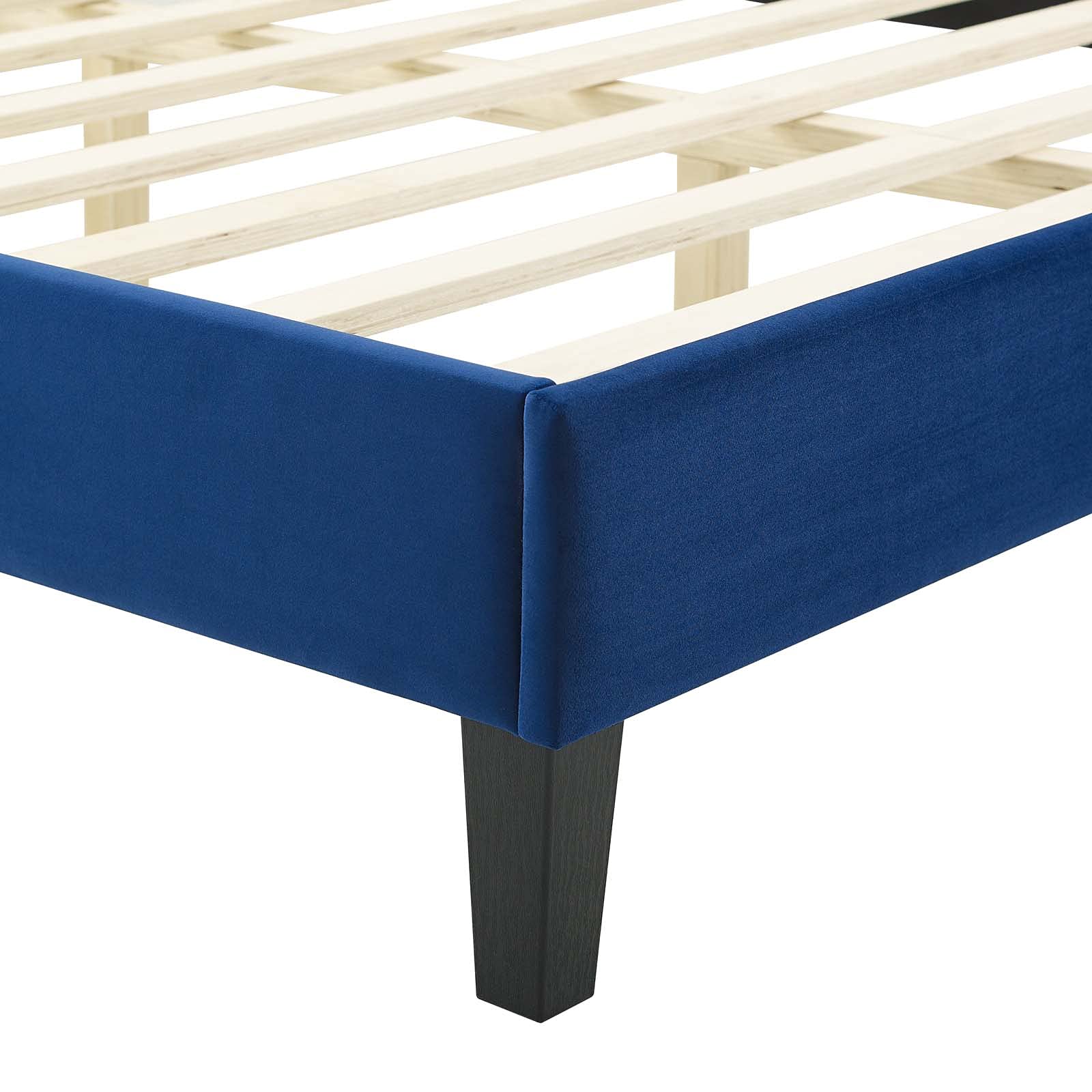 Modway Phillipa Performance Velvet King Platform Bed in Navy with Black Wood Legs