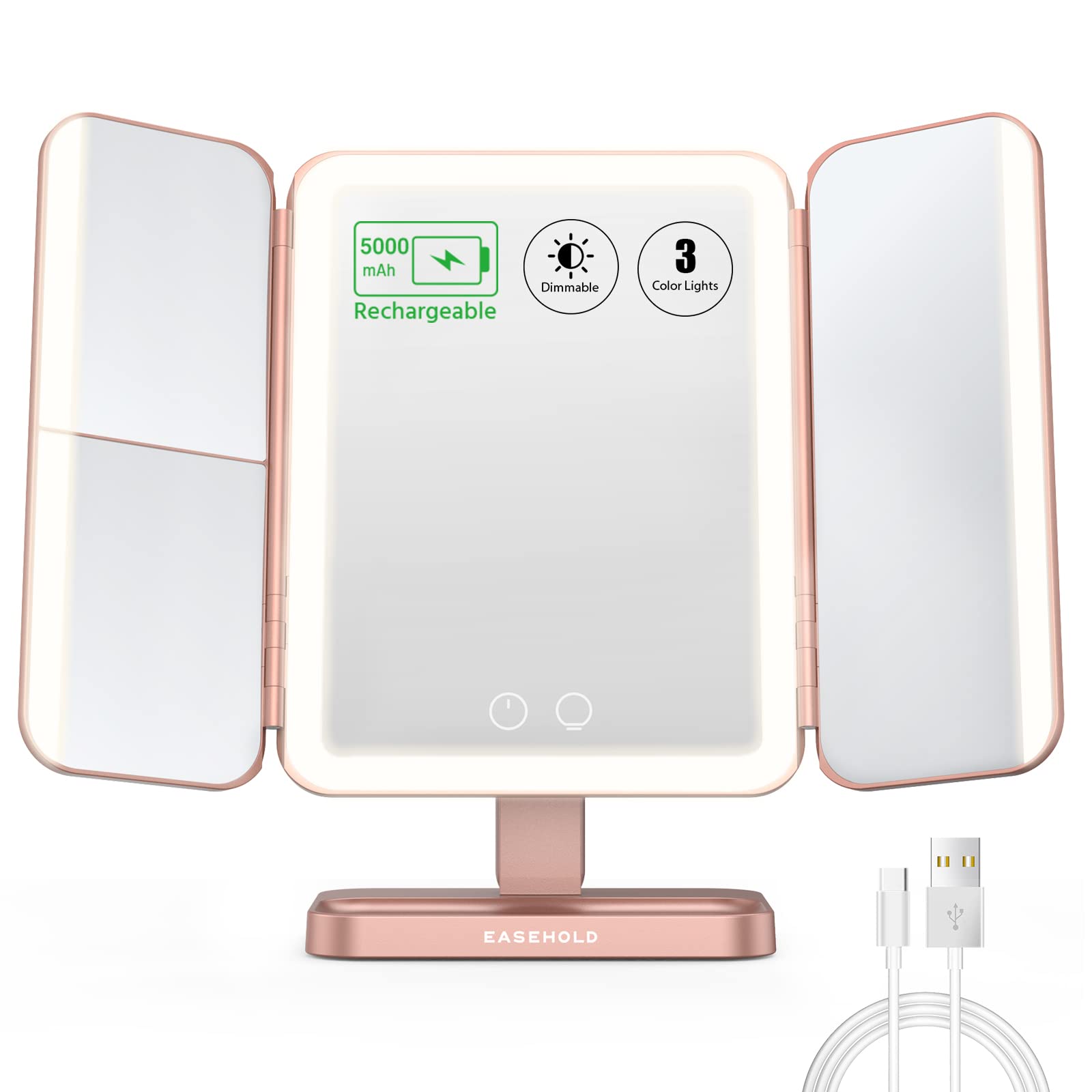 Easehold Rechargeable Vanity Mirror With Lights, 116 Leds Makeup Mirror, 3-Color Lighted Makeup Mirror, 2X/3X/10X Magnification,