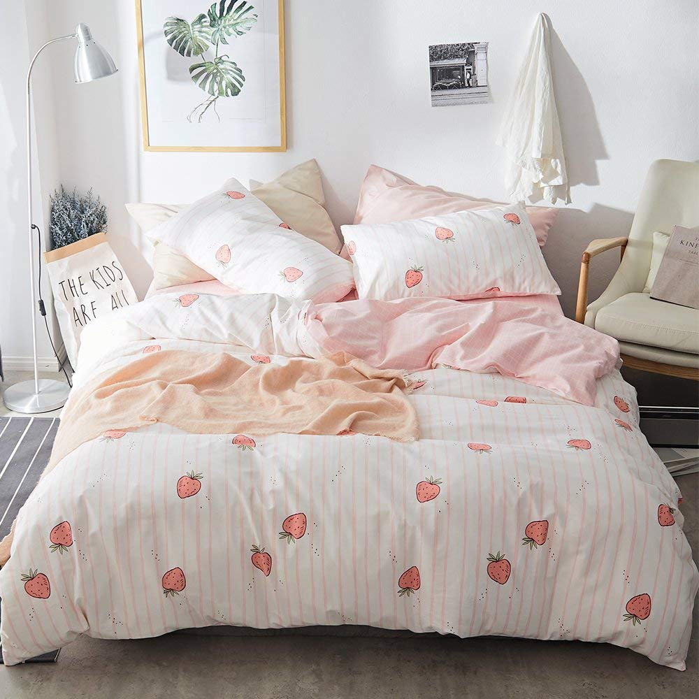Cute Strawberry Duvet Cover Twin Xl Soft Cotton Pink Strawberry Bedding Sets Cartoon Fruits Style Strawberry Comforter Cover Kaw