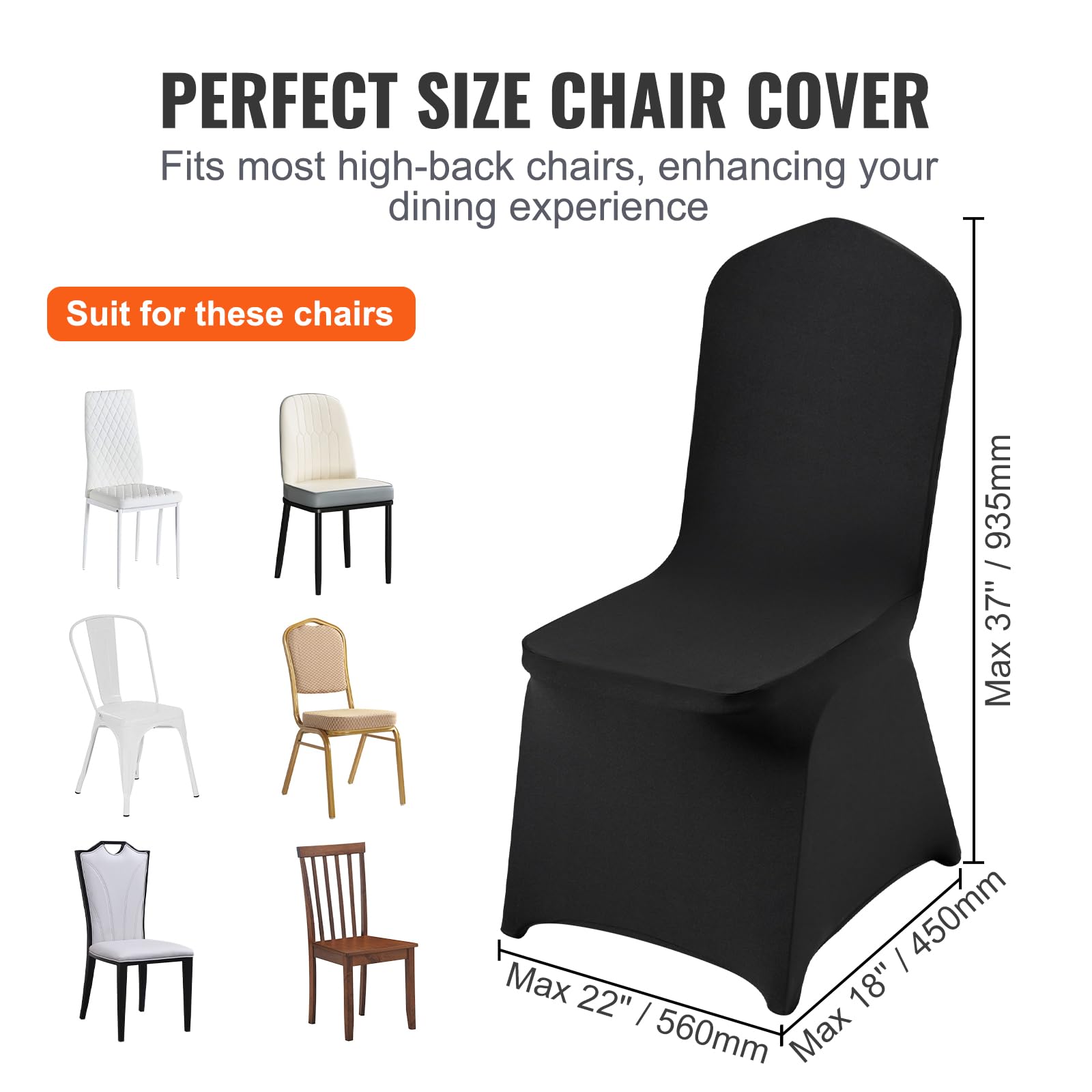 Vevor 50 Pcs Flat-Front Chair Covers Polyester Spandex Stretch Slipcovers For Wedding Party Dining Banquet, Black