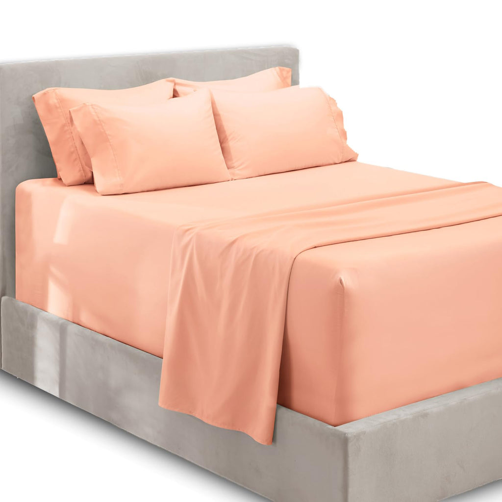 Hearth & Harbor Bed Linen Set - Split King Size Sheet Set, 6Pc, Extra Deep Pocket, Microfiber, Peach