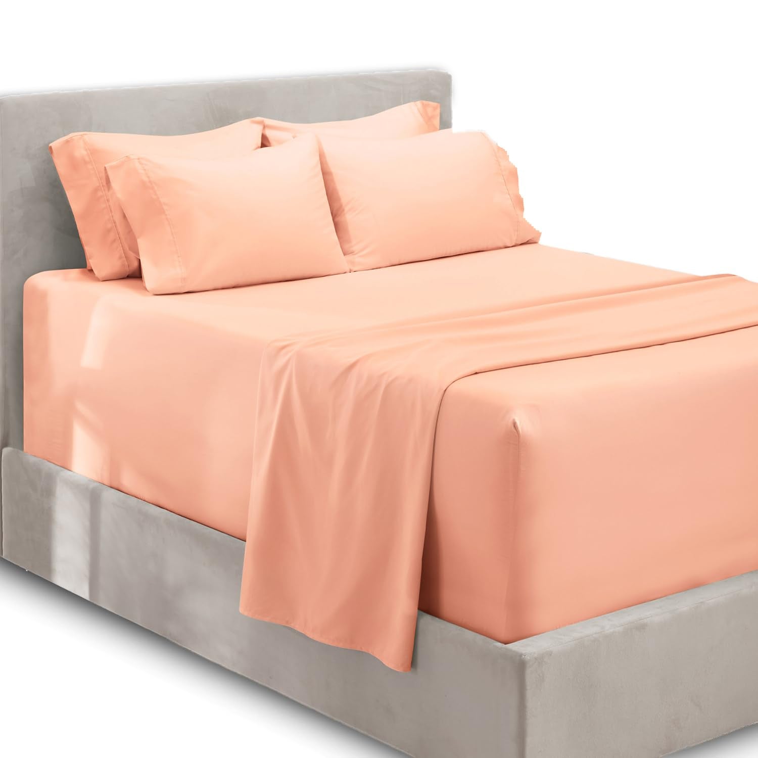 Hearth & Harbor Bed Linen Set - Split King Size Sheet Set, 6Pc, Extra Deep Pocket, Microfiber, Peach
