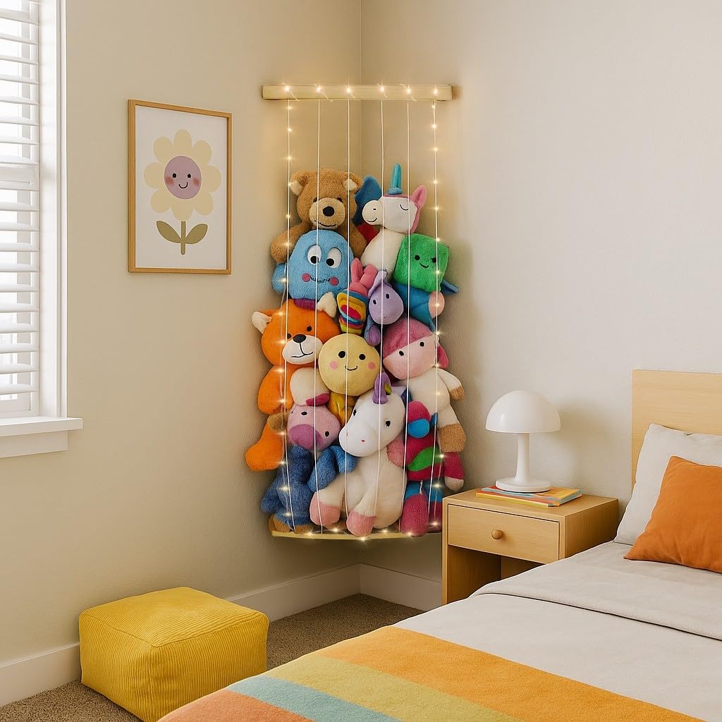 PUTSKA Nursery Furniture Hanging Organizer - Wall Mounted Stuffed Animal Storage for Baby Room, Corner Plush Collection Display 