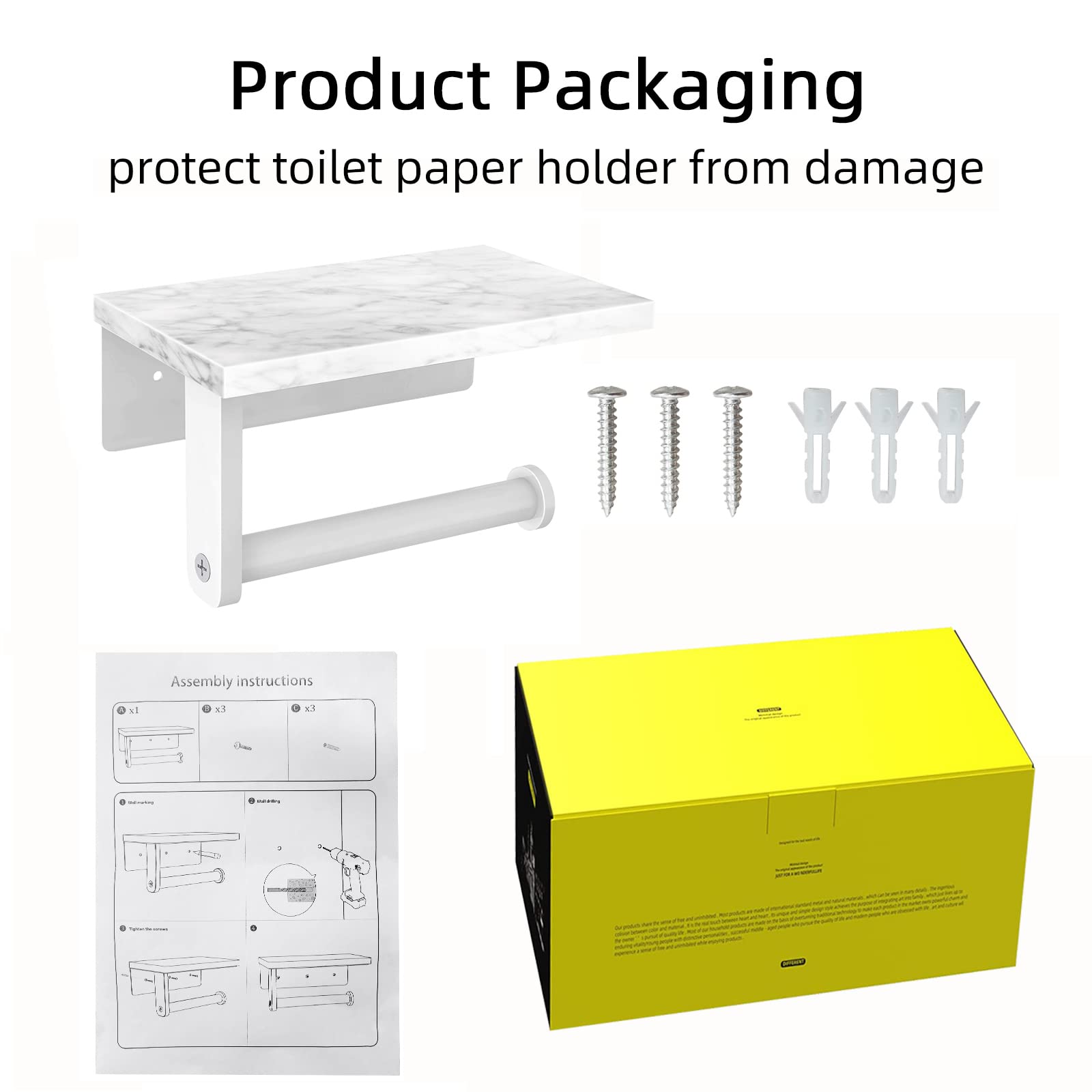 Gypie Toilet Paper Holder With Natural Marble Shelf, 304 Stainless Steel Screw Wall Mounted, Tissue Roll Paper Holder Dispenser