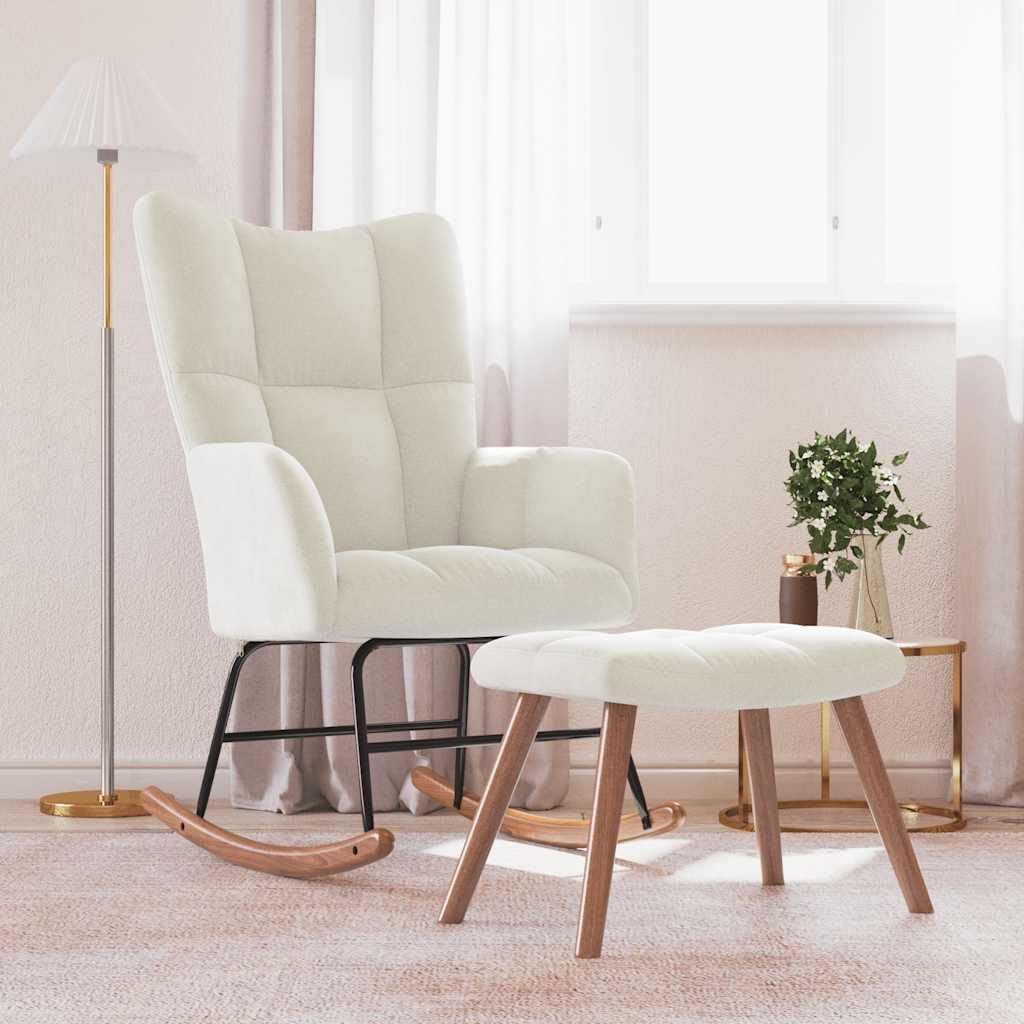 vidaXL Cream White Velvet Rocking Chair and Stool Set with Soft Padding, Steel Frame and Wooden Rocking Rails