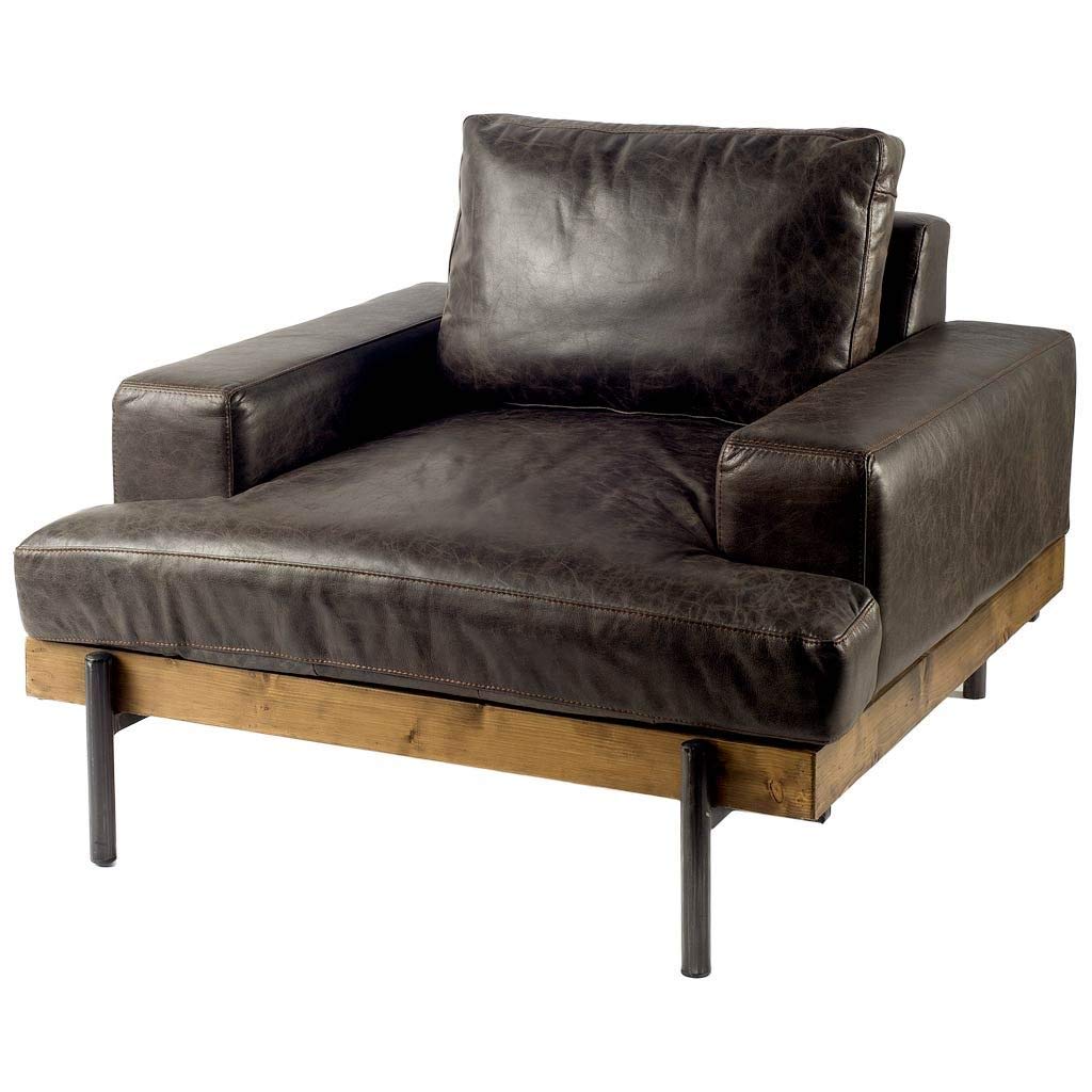 HomeRoots Dark Brown Moroccan Leather Wide Accent chair with Wood and Black Iron Base