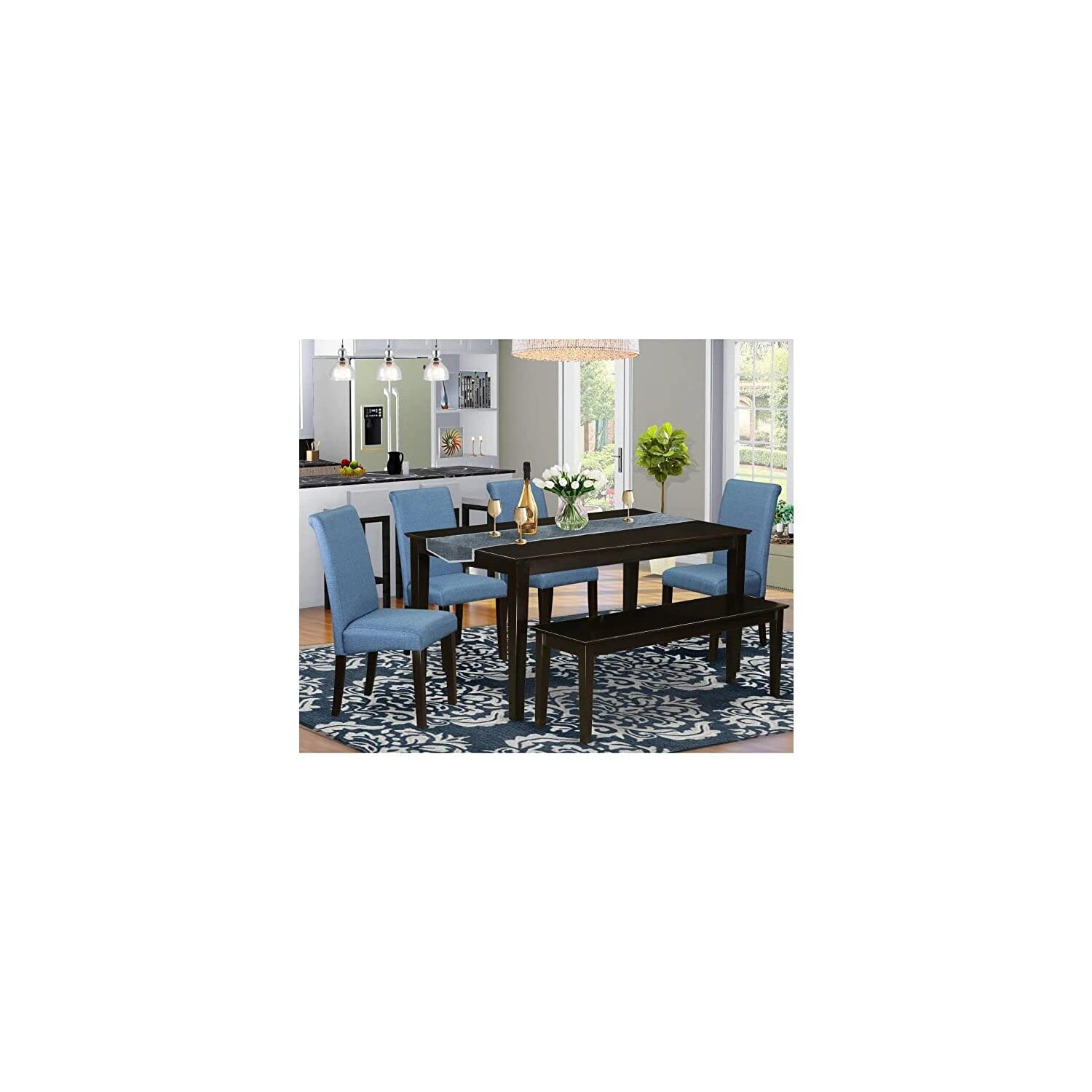 East West Furniture Caba6-Cap-21 6 Piece Modern Dining Table Set Contains A Rectangle Wooden Table And 4 Blue Color Linen Fabric Parson Chairs With A Bench, 36X60 Inch, Cappuccino