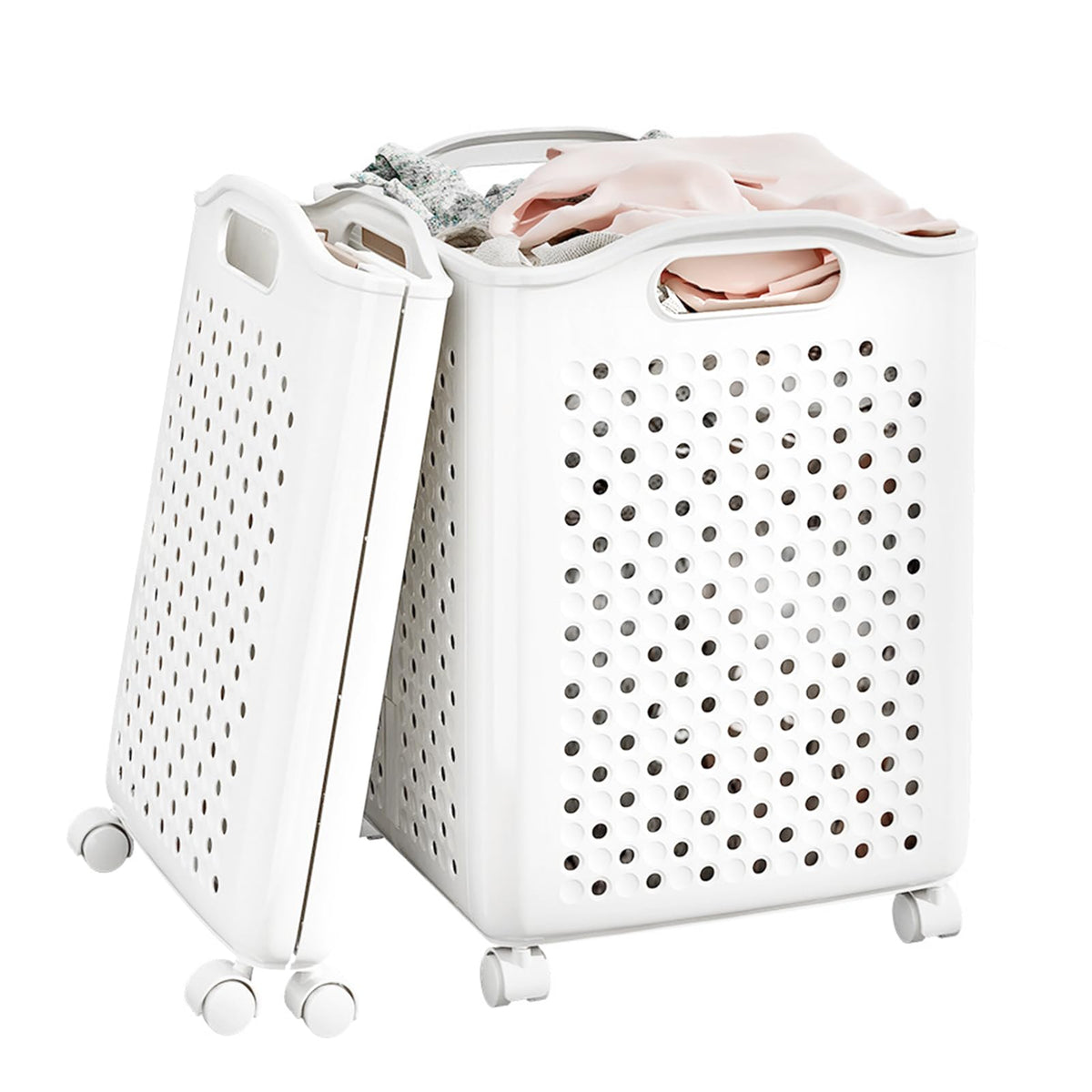 57L Foldable Collapsible Laundry Basket, with Wheels+Handles(Pearl White)