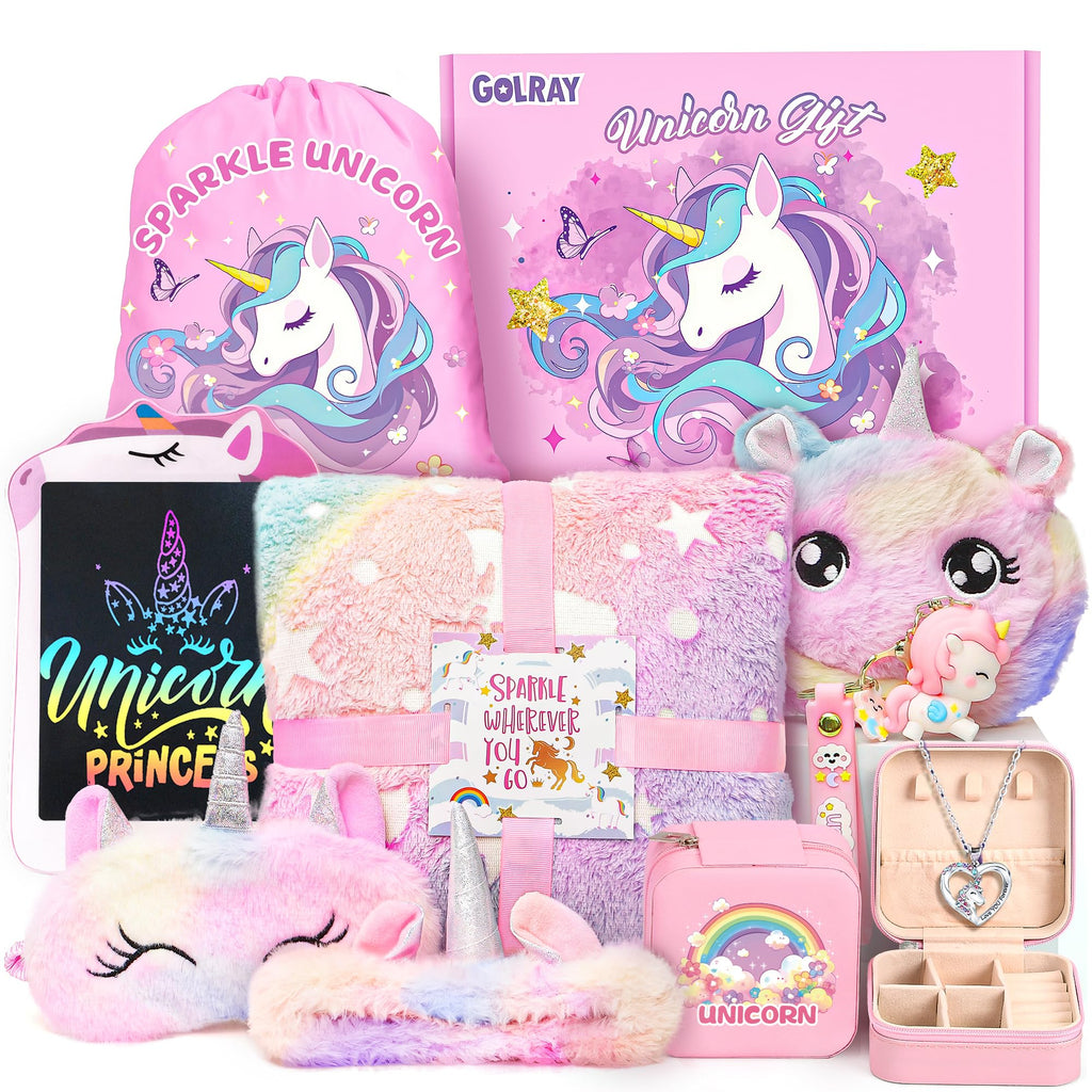 Golray Unicorn Gift Set for Girls, Glowing Blanket, LCD Drawing Tablet, Necklace, Backpack, Lavender-rose Tie-dye Gradient