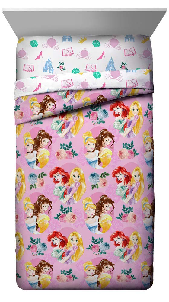 Disney Princess Sassy Twin Comforter - Super Soft Kids Bedding Features Ariel, Belle, Cinderella, & Rapunzel - Fade Resistant Po
