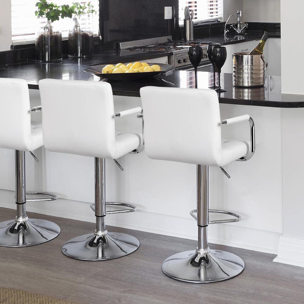 Yaheetech Bar Stools Set Of 2, Pu Leather Adjustable Swivel Barstools, Hydraulic Kitchen Counter Height Bar Chairs With Armrest And Back For Bar, Kitchen, Dining Room, White